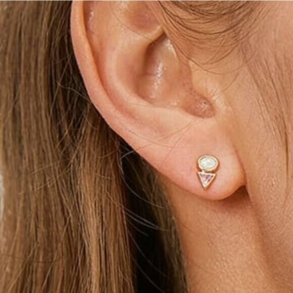 Tiny Stud Earrings Opal and Pink CZ Triangle Opal & Crystal Dainty Studs PRETTY - Picture 4 of 12